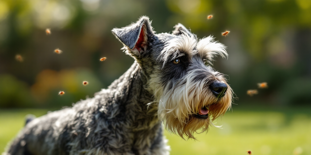 Fleas surrounding a dog